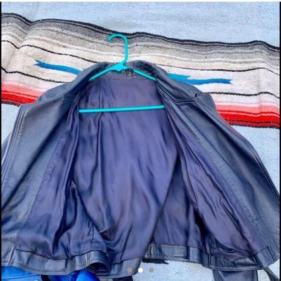 VINTAGE EIGHTIES 80s NAVY BLUE ITALIAN LEATHER BIKER MOTO JACKET ITALY 40 - Picture 5 of 9